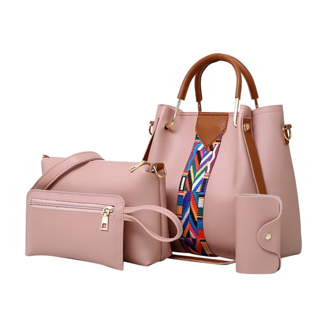Fashion Upgrade Handbags Wallet Tote Bag Shoulder Bag Top Handle Satchel Purse Set 4pcs made of pink synthetic leather with durable golden hardware. Features a tote bag with a colourful geometric accent, a crossbody bag, a wallet, and a cardholder. Ideal for organizing daily essentials like cosmetics, mobile phones, and wallets, suitable for work, travel, or casual outings.