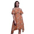 thumbnail image 1 of Bimba Orange Bird Print Cold Shoulder Women Swing Tunic Flutter Sleeve Midi Dress - Small, 1 of 6