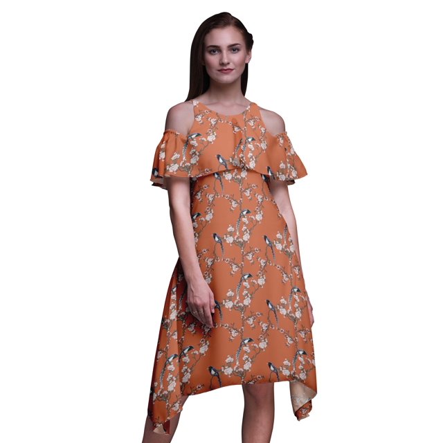Bimba Orange Bird Print Cold Shoulder Women Swing Tunic Flutter Sleeve Midi Dress - Small