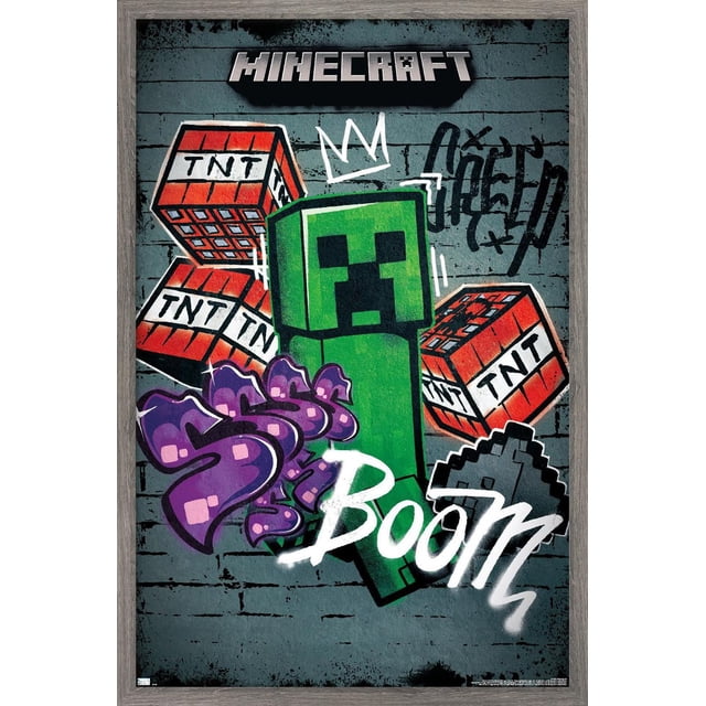 Minecraft - Creeper Do Not Enter Wall Poster, 22.375" x 34" featuring a centered green pixelated Creeper with black facial features, surrounded by red TNT blocks labeled 'TNT', graffiti-style purple and white text saying 'Ssss Boom' on a gray brick wall background framed in wood, ideal for bedroom or office wall decor.
