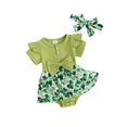 thumbnail image 1 of EYIIYE Barboteuse à Manches Courtes pour Bébé Fille Festival Irlandais Nouveau-Né Robe Col Rond Imprimé Trèfle Patchwork Côtelé avec Bandeau Ensemble de Vêtements Décontractés Mignons pour Petites Filles, 1 of 9