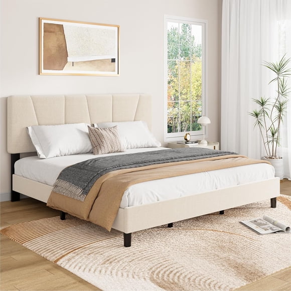 King Size Bed Frame with Headboard Adjustable, Linen Upholstered King Platform Bed with Headboard, Mattress Foundation with Wooden Slats, No Box Spring Needed, Easy Assembly, Beige/Cream