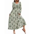 thumbnail image 3 of Robe Maxi Évasée à Imprimé Floral pour Femme, Col en V, Manches Longues, Décontractée, Portefeuille, Automne, Plage, Évasée, Vert, G, 3 of 9
