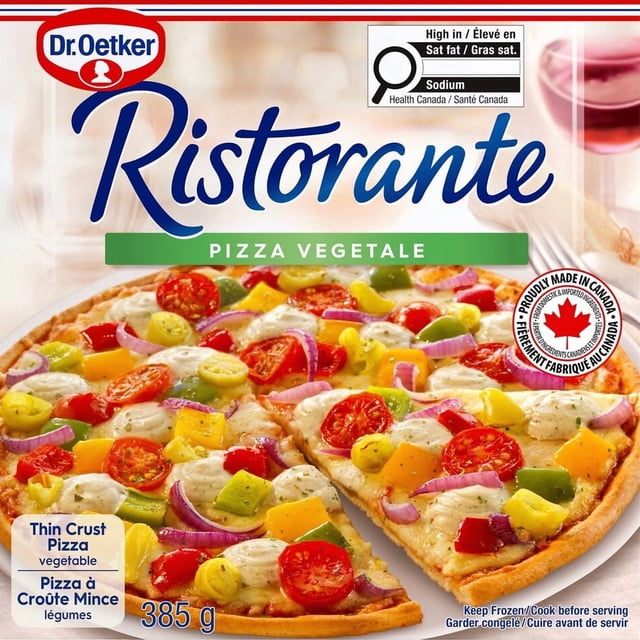 Dr. Oetker Ristorante Vegetable Pizza with thin crust topped with cherry tomatoes, yellow and green peppers, red onions, pickled chilies, mozzarella, and edam cheese. This 385 g frozen pizza is made in Canada and includes nutrition warnings for saturated fat and sodium.