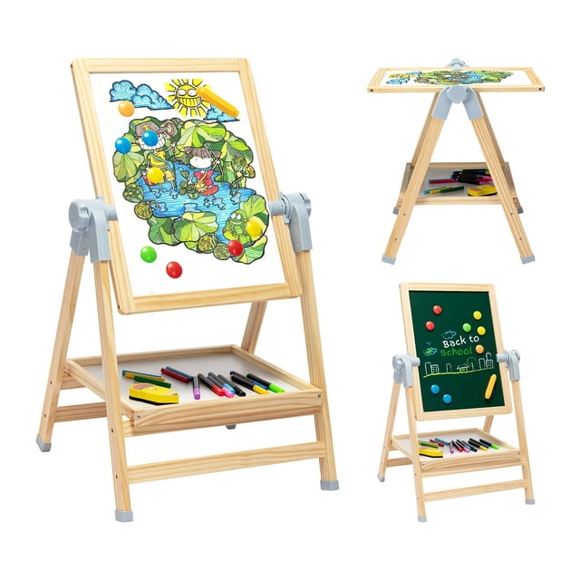 Chevalet Artistique en Bois Double Face et Tableau Blanc Réglable