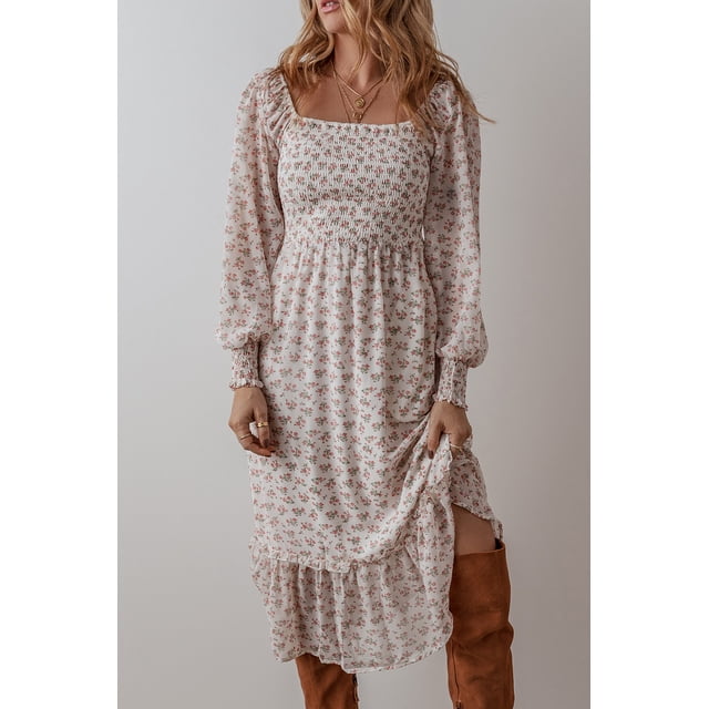 FOLUNSI Robe Midi Élégante à Fronces Florales avec Encolure Carrée et Taille Haute. Cette Robe Décontractée pour Femme Présente un Charmant Imprimé Floral, une silhouette à Panneaux Smockés et un Ourlet à Volants. Fabriquée en polyester Respirant 100 %, Elle Est Polyvalente pour les Sorties Décontractées, les Événements Ou le Port Quotidien.