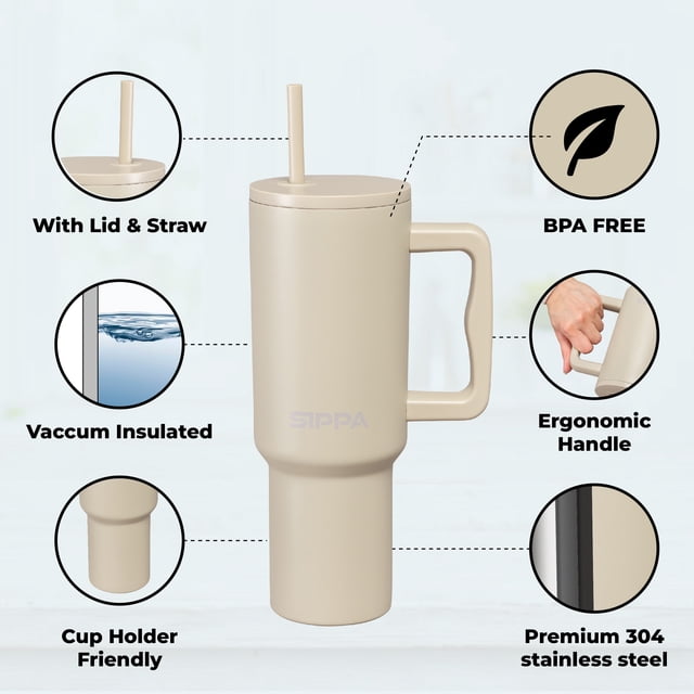 Gobelet en Acier Inoxydable de 40 oz avec Couvercle à Paille Couleur Buttercup par SIPPA, Doté d'Un Couvercle Anti-Fuite à Quart de Tour, d'Une Poignée Ergonomique et d'Une Isolation sous Vide à Double Paroi pour une Rétention Chaude et Froide de 24+ Heures. le Gobelet Est Sans BPA, Va au Lave-Vaisselle et Conçu pour s'Adapter aux Porte-Gobelets de Voiture standard de 3 Pouces. Fabriqué en Acier Inoxydable 304 de Qualité Supérieure, Il Comprend une Grand Ouverture de 3,5 Pouces pour un Nettoyage Facile et un Ajout de Glace.