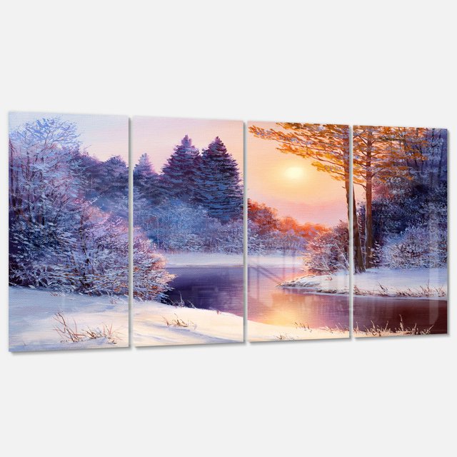 Designart - Christmas forest with river - Landscapes Painting Print on Wrapped Canvas set