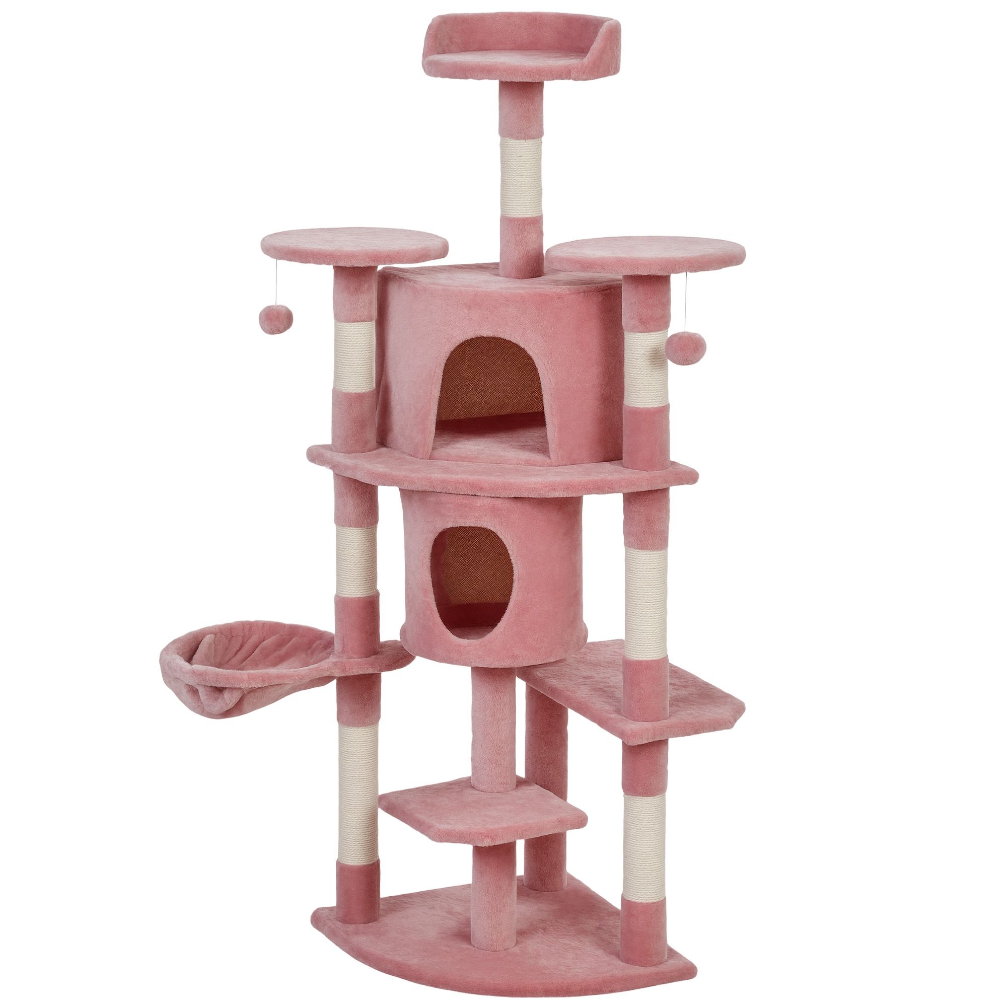 Pink Plush Multi-Level Cat Tree - 61.8" Cozy Tower with 2 Condos, Hammock & Sisal Scratching Posts for Indoor Cats - Stable Play Furniture