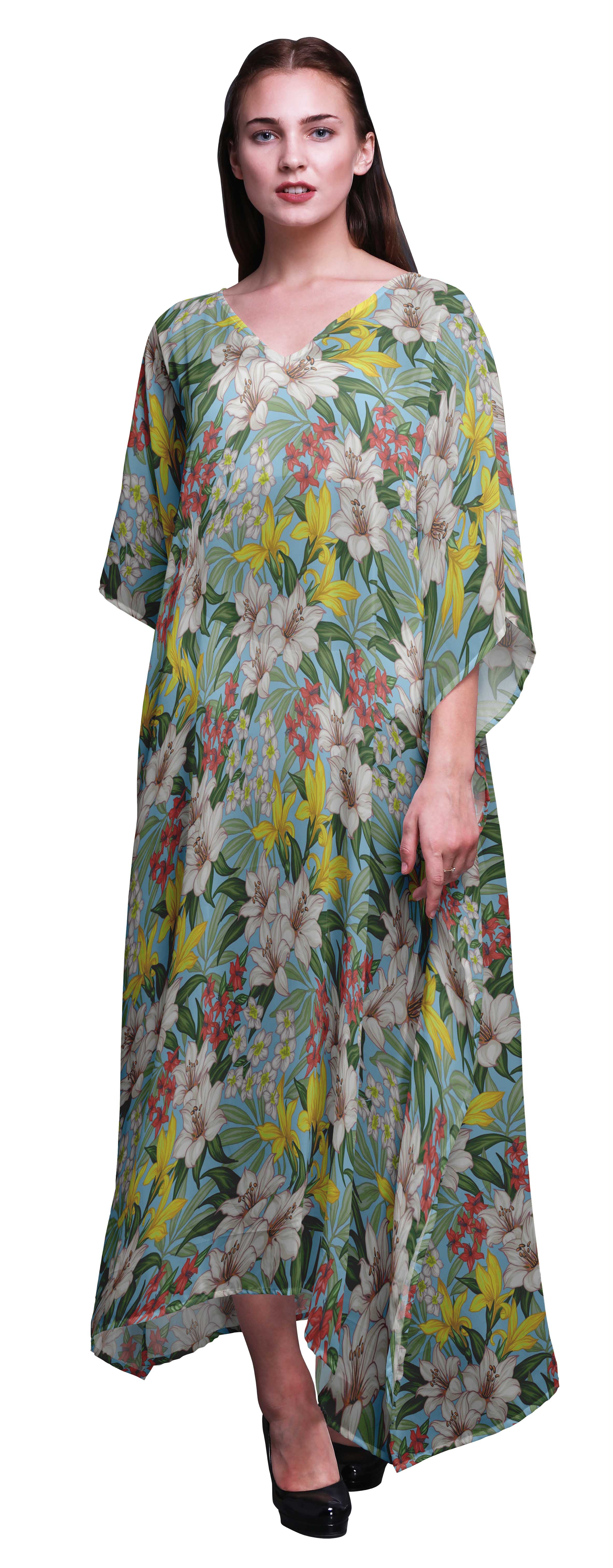 Bimba Kaftan Floral pour Femmes, Tenue d'Intérieur de Vacances, Robe Maxi, Couvre-Maillot de Plage-S-L