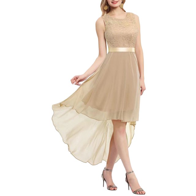 Kmbangi Robe Trapèze de Soirée pour Femme, Dentelle Patchwork, Grande Ampleur, Robe en Mousseline, Été, Col Rond, Sans Manches, Ourlet Irrégulier
