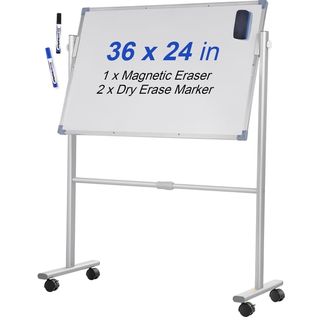 VEVOR Tableau Blanc Magnétique Mobile, 36 x 24 Pouces, Double Face, Tableau Effaçable à Sec à Roulettes Réversible à 360 Degrés, Hauteur Réglable avec Cadre en Aluminium et Roues Pivotantes Verrouillables, pour Bureau École Maison