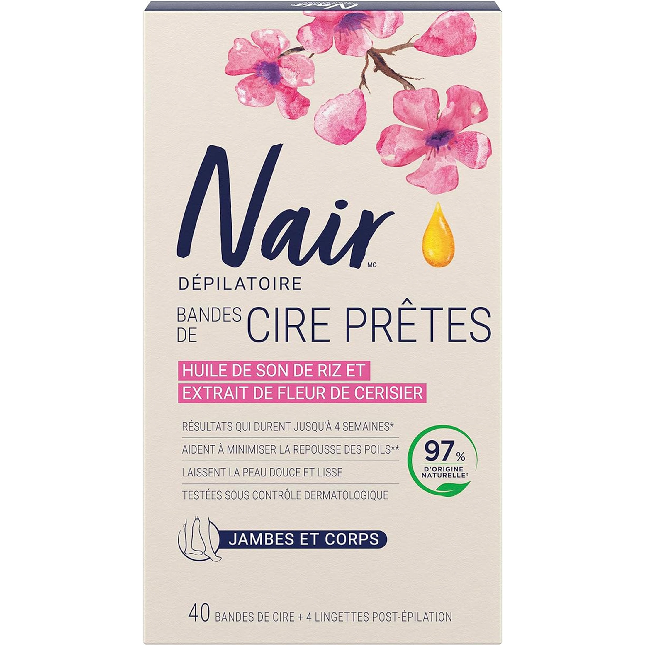 Nair Bandes de cire prêtes pour les jambes et le corps avec huile de son de riz, 40 bandes + 4 lingettes de finition