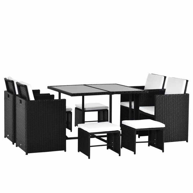 Outsunny 9 Pieces Wicker Patio Dining Set, a black PE rattan outdoor furniture set with removable cream cushions. Includes a square tempered glass-top table, 4 armchairs, and 4 footstools. Compact, weather-resistant conversation set ideal for gardens, balconies, or poolside areas.