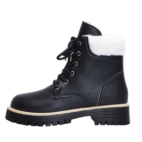 Pisexur Women's Boots Fashion Faux Fur Lace Up Boots for Women Cozy Pu Waterproof Ankle Boots Classic 6-Hole Round Toe Non-Slip Hiking Boots Women 36-43 Black