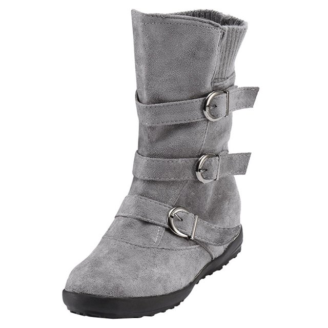 CEHVOM Women Suede Round Toe Zipper Flat Pure Color Buckle Strap Keep Warm Snow Boots