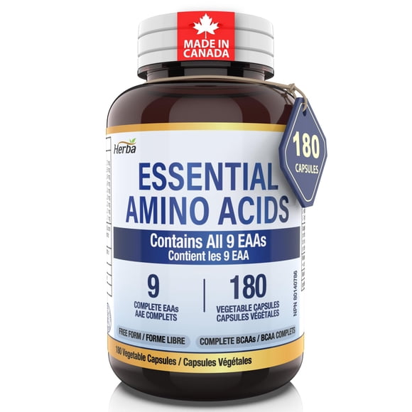 Herba Essential Amino Acids Supplement – 180 Capsules | All 9 EAA Supplement in Free Form | Made in Canada