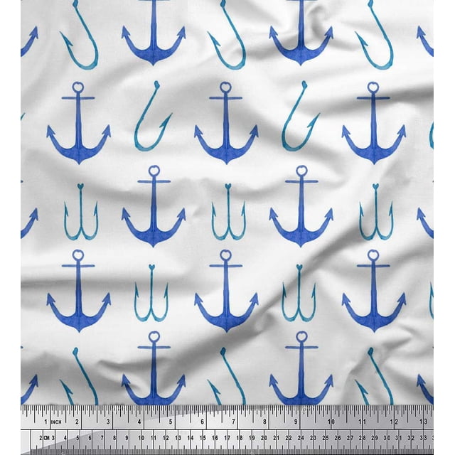 Soimoi White polyester Crepe Fabric Anchor Hook Nautical Printed Fabric 1 Yard 52 Inch Wide