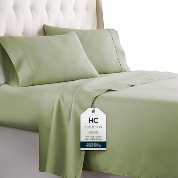 Hc Collection Draps Lit Cal Très Grand, Luxe Hôtel Platinum Série 1800 Microfibre Brossée Drap Plat Poche Profonde Drap-Housse et 2 Taies d'Oreiller Enveloppe, Ultra Doux 4 Pcs Literie pour Dormeurs Ayant Chaud, Sauge