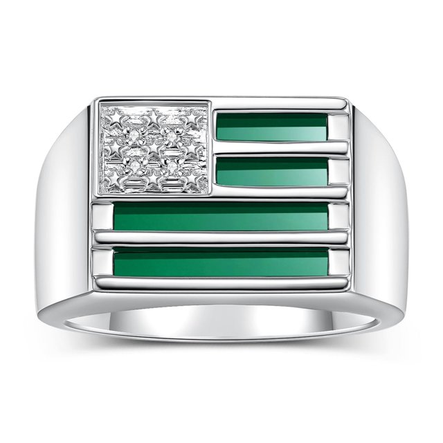 RYLOS Men's Rings 14K White Gold USA Flag Designer Ring With Diamonds and Green Quartz Rings For Men Designer Patriotic Jewelry Size 9