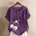 thumbnail image 2 of QATAINLAV Chemises en Lin Grande Taille pour Femmes Décontractées Coupe Ample Col Rond T-Shirt Mode Imprimé Floral Blouse à Manches Courtes 2025 Rabais de 90 % Liquidation Violet TG, 2 of 5