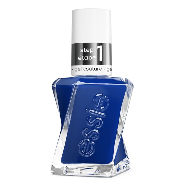 gel couture by essie gel-like longwear nail polish in deep blue with a twisted clear glass bottle and white cap marked step 1, offering up to 15 days of gel-like wear without UV light, suitable for long-lasting nail colour in nail care routines.