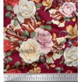 thumbnail image 1 of Soimoi Tissu Georgette Rouge Moss Feuilles & Rose Imprimé Floral au Mètre 42 Pouces de Large, 1 of 3