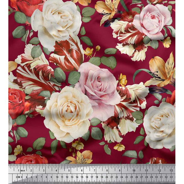 Soimoi Tissu Georgette Rouge Moss Feuilles & Rose Imprimé Floral au Mètre 42 Pouces de Large