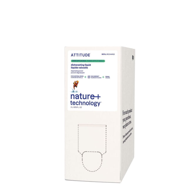 ATTITUDE nature+ technology dishwashing liquid refill in green apple and basil scent, 2 L eco-refill box with strong degreasing power and biodegradable, vegan formula, white box packaging with blue and green text emphasizing eco-friendly dish detergent