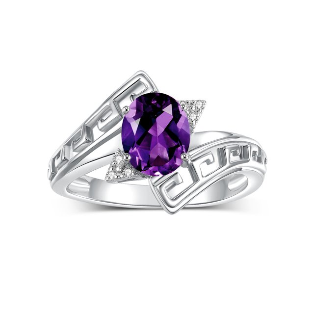 RYLOS Rings for Women Sterling Silver Greek Key Designer Ring 9X7MM Gemstone & Diamond Ring February Amethyst Jewelry Size 8