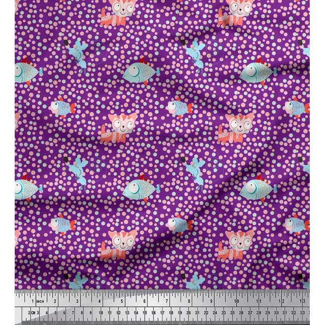 Soimoi Moss Georgette Fabric Dot,Fish & Cat Kids Print Fabric by Yard 42 Inch Wide