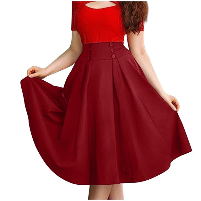 Mrat Flared Midi Skirt Mode Femmes Robe Décontractée Taille Haute Couleur Unie Jupe à Poches Robe Fluide Jupe Maxi S-231 Rouge-A m