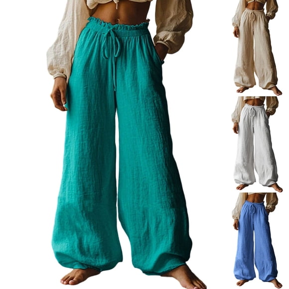 YFNNUP Wide Leg Pants for Women Elastic Waist Palazzo Trouser Lightweight Baggy Trousers Casual Drawstring Trousers Blue L
