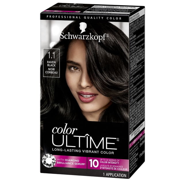Schwarzkopf Color Ultime Permanent Hair Color Cream in shade 1.1 Raven Black, providing long-lasting vibrant hair color with diamond brilliance serum for up to 10 weeks of fade-resistant color intensity, shown in a black rectangular box with product branding and application information.