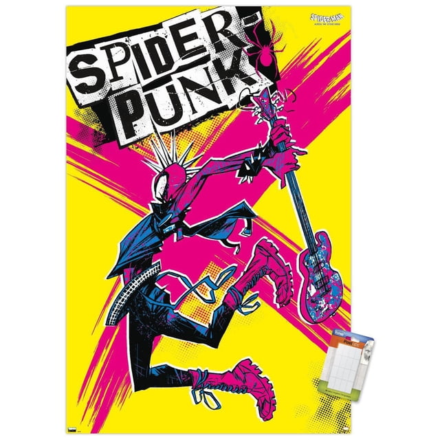 Marvel Spider-Man : à Travers le Spider-Verse - Affiche Murale Spider-Punk, 22,375 Pouces x 34 Pouces, Représentant Spider-Punk en Tenue punk Noire et Rose avec des Cheveux à Pointes, Saut Mi-Haut Tenant une Guitare Électrique Rose. l'Arrière-plan Jaune Vif Présente des Stries Graphiques Roses Audacieuses et un Texte « Spider-Punk » Noir et Blanc Vieilli, Convient pour une Oeuvre Murale Vibrante dans les Chambres Ou les Dortoirs.