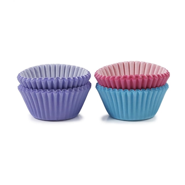 Pillsbury 100 count mini baking cups in purple, pink, and blue jewel tones made from grease-proof paper, designed for baking mini muffins and cupcakes, shown stacked in pairs on a white background, also suitable for serving small snacks or candies.