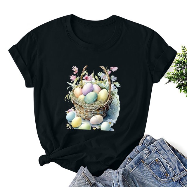 EGNMCR T-Shirts de Pâques pour Femmes T-Shirts de Pâques Imprimé T-Shirt Décontracté pour Femmes à Manches Courtes Haut T-Shirt à Manches Courtes Col Rond Hauts/chemises T-Shirt pour Femmes