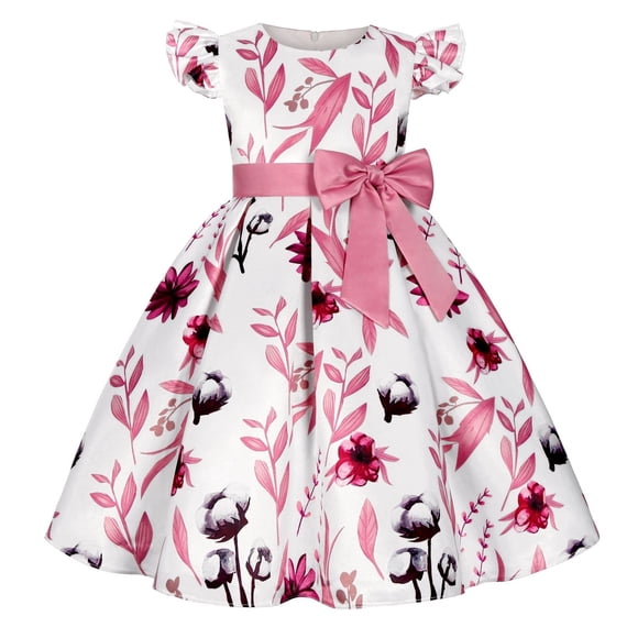 JIRNDf Flower Girl Dress For Wedding Party Princess Ball Gown Elegant Kids Spring Print Cosplay Ruffle Sleeveles Wednesday Gifts Cosplay Formal Girls Summer Casual Dress Pink 5-6 Years