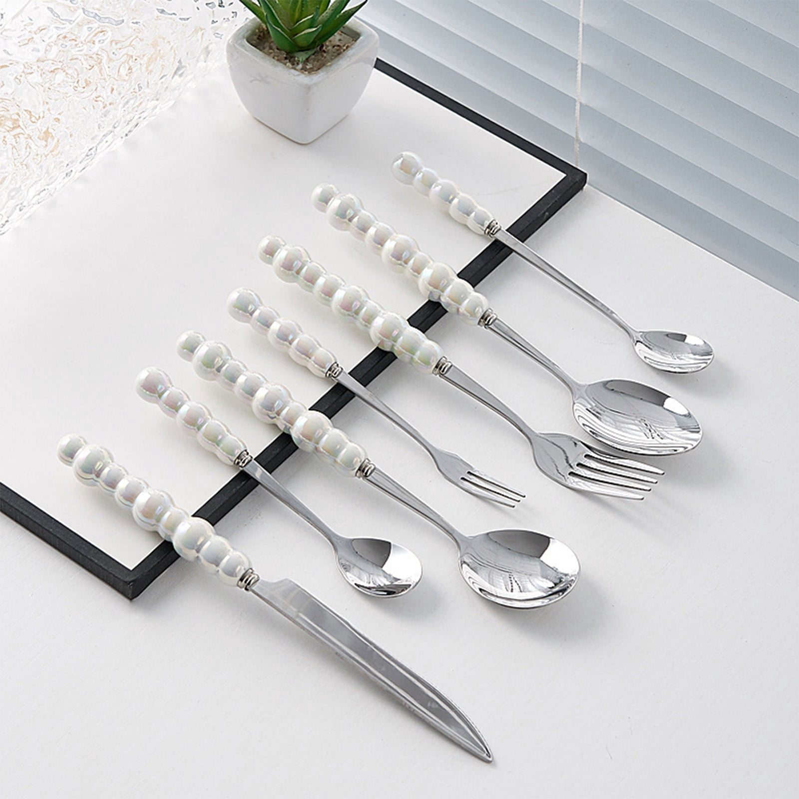 Birdeem 7Pcs Pearl Flatware Set, Silverware Set- Creative Stainless Steel Flatware Pearl Ceramic Handle Silverware Tableware for Kitchen Hotel Home Steak Knife Dessert Spoon Dishwasher,1 Set