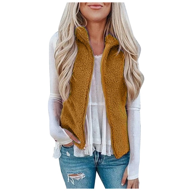 Heliisoer Pocket Women Zipper Solid Color Jacket Plush Sleeveless Lapel Vest Loose