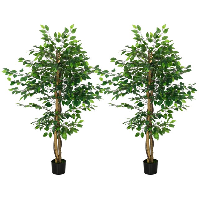 HOMCOM 2 Piece 5ft Artificial Trees Ficus for Indoor Home Decor, featuring two lifelike ficus trees with 882 green leaves each and realistic moss in sturdy black nursery pots. The trees have flexible branches for customizable shaping, making them ideal for home, office, or outdoor spaces. Each tree stands 5 feet tall and adds a natural accent to any setting.