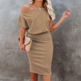 thumbnail image 4 of Aiyino Robe Midi Moulante Décontractée de Soirée à Manches Courtes Côtelées pour Femmes, Épaules Dénudées, 2TG Bleu Royal, 4 of 8