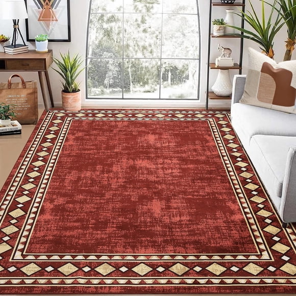 Tapis Lavable Bordure Vintage Grand Tapis pour Salon, Tapis d'Accent Intérieur pour Chambre Qui Ne Perd Pas Ses Fibres à Poil Ras Doux Moderne Uni Tapis de Sol Antidérapant Pliable Mince pour Salle de Jeux Garderie