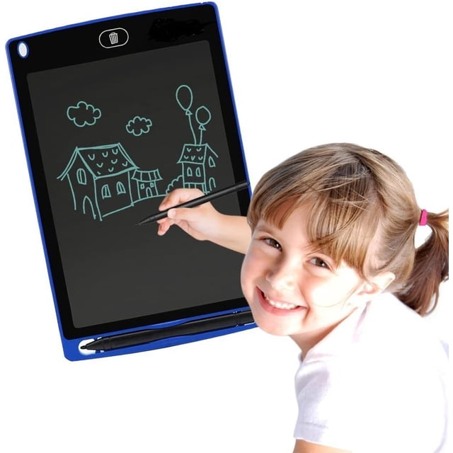 LCD Handwriting Tablet (Not Magnetic) Kids with Memory Lock Drawing Pad Scribble Boogie Doodle Board Screen in black, featuring a flexible liquid crystal display for drawing and writing. A child is using the included stylus to create doodles on the screen, which mimics pen and paper. The tablet measures 221 x 150 x 4.8 mm and weighs 110 g. Ideal for kids' arts and crafts activities, teaching, and family fun, this doodle board is a great tool for reducing paper use.
