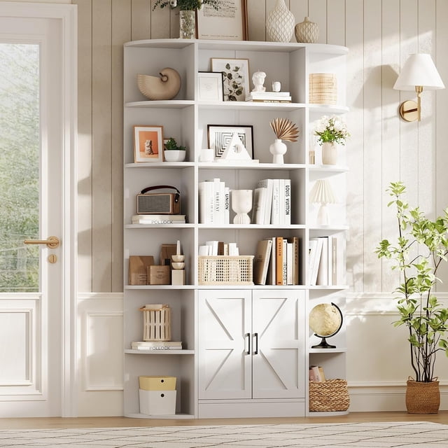 Royalbelle Bibliothèque Haute Blanche à 6 Niveaux avec Rangement, Style Ferme Moderne