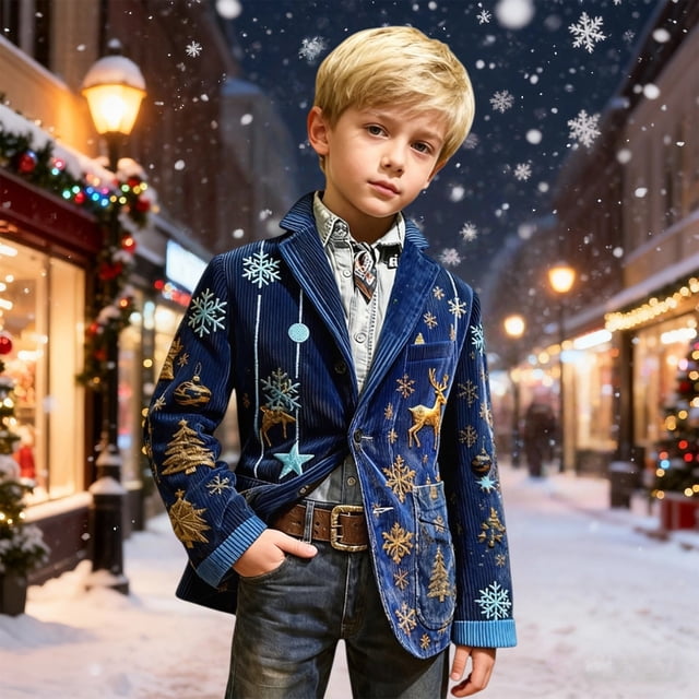 Boys Christmas Print Corduroy Blazer, All Over Christmas Pattern Lapel Suit Jacket with Buttons, Regular Fit Sports Coat for Parties, Prom, and Dinner Events Blue