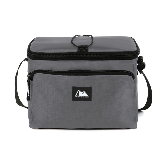 Arctic Zone Hardbody® Lunch Pack in grey with a rectangular shape, featuring a crush-resistant removable hard liner, high-density thermal insulation, Ultra Safe® leak-proof lining, front zippered accessory pocket, adjustable shoulder strap, and Arctic Zone logo. Ideal for keeping food and drinks cool and fresh.
