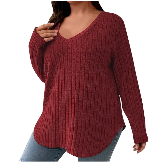 Besolor Plus Size Long Sleeve Tops for Women V Neck Pullover Sweaters Loose Dressy Curvy Hem Spring Fall Tunic Shirts