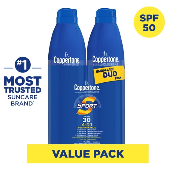 Coppertone Sport Sunscreen Spray SPF 30 Duo Pack, 4-in-1 Performance, Sweat and Water Resistant Spray Sunscreen, 2 x 215mL