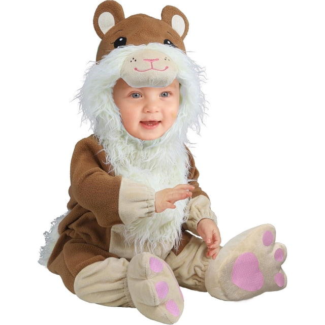 Fluffy Butt Hamster Baby/Toddler Costume featuring a brown and beige polyester jumpsuit with white fluffy chest and face fur, matching booties with pink paw pads, and a hamster headpiece with ears and embroidered eyes, shown on a seated baby against a white background, suitable for Halloween and holiday dress-up.